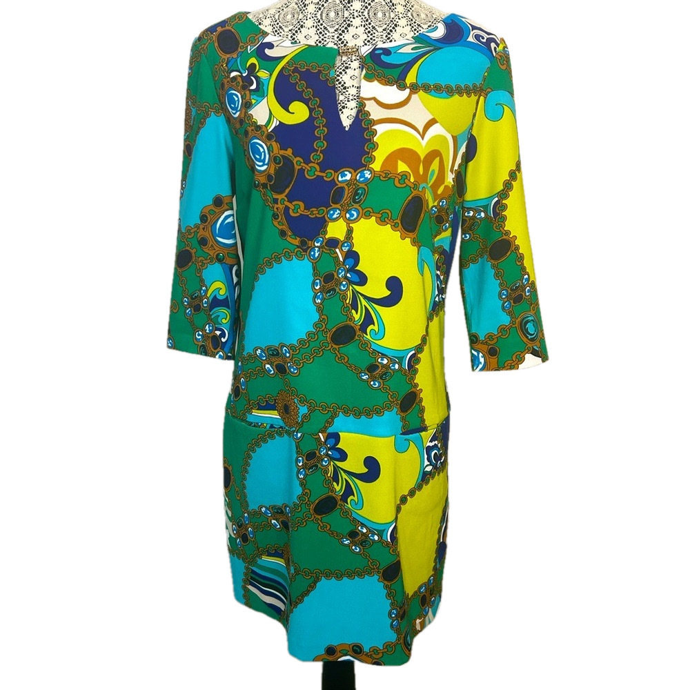 Gorgeous Pucci’esque print of bright colours and chain design Sangria dress